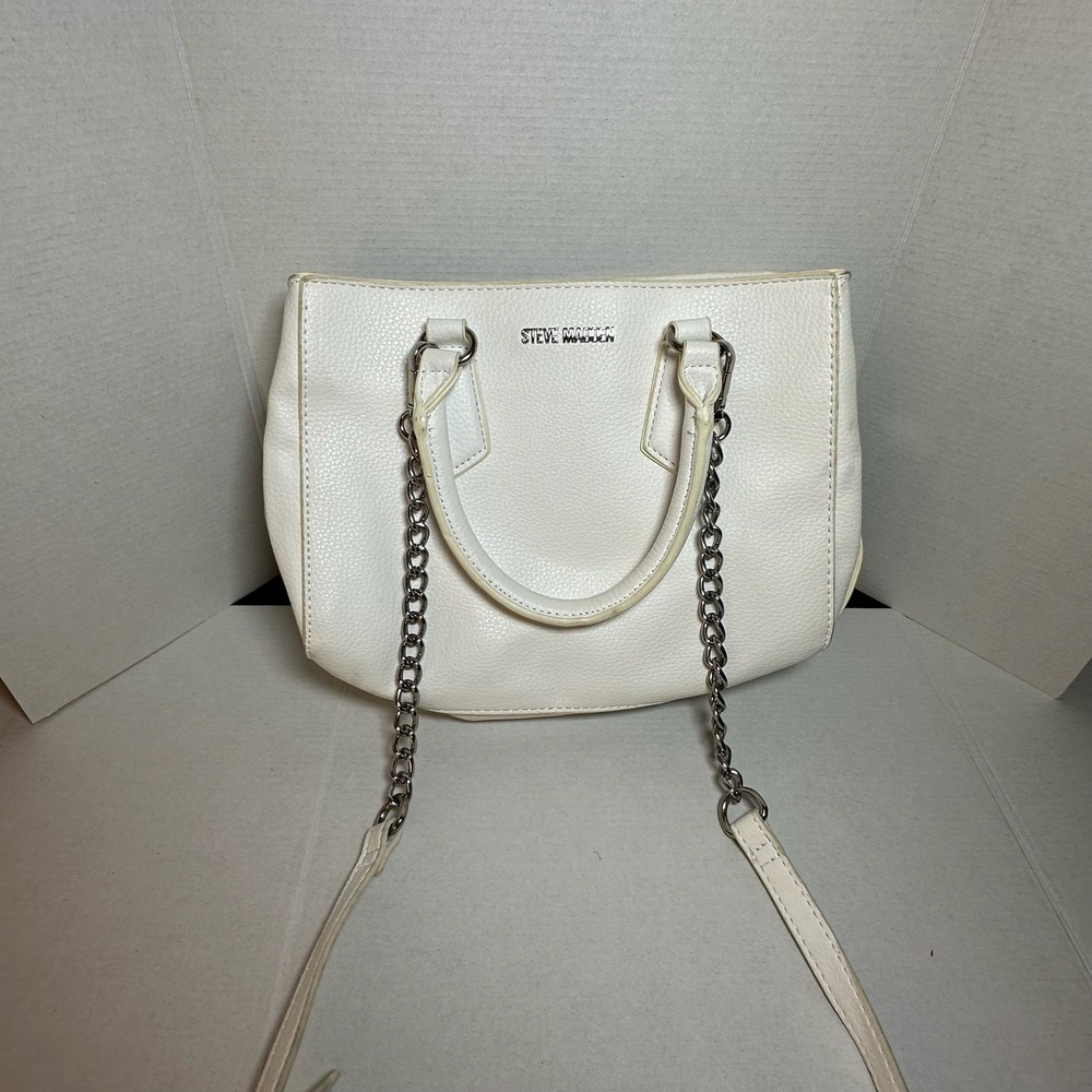 Steve Madden Satchel Bag Womens Medium White Faux Leather Chain Strap